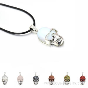 Natural Crystal Gemstone Skull Pendant 22x30MM semi precious stone Cabochon on Alloy skull